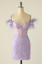 Tight Lavender Lace Straps Mini Dress