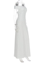 White Off-shoulder Polka Dot Long Dress