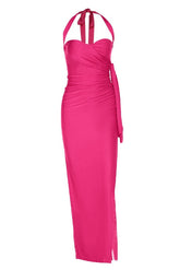 Halter Hot Pink Ruched Fitted Long Dress
