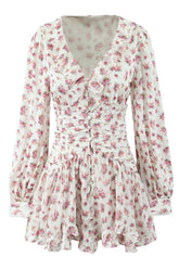 White Floral Ruched Short Party Dress