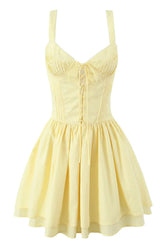 Yellow V-neck Lase-up Ruffle Party Dress