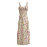 White Floral Ruched Neckline Bow Long Dress