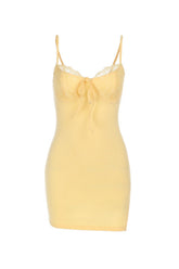 Yellow Spaghetti Strap Fitted Lace Applique Party Dress