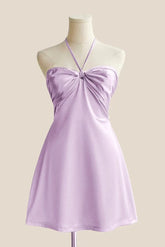 Halter Lavender Back Tie A-line Short Dress