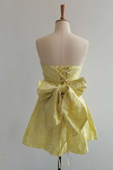 Yellow Jacquard Bow Strapless Mini Dress