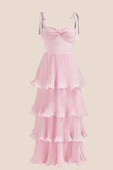 Twisted Pink Pleated A-line Tiered Maxi Dress