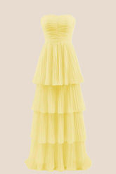 Yellow Chiffon Pleated A-line Tiered Maxi Dress