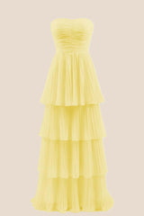 Yellow Chiffon Pleated A-line Tiered Maxi Dress