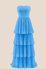 Yellow Chiffon Pleated A-line Tiered Maxi Dress