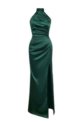 Halter Dark Green Satin Ruched Fitted Long Dress