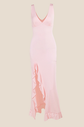 V-neck Pink Ruffle Hem Long Dress with Slit