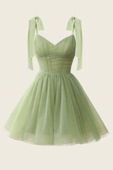 V-neck Sage Green Pleated A-line Short Dress