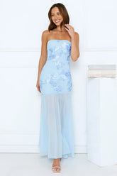 Timeless Affair Strapless mesh Maxi Dress Blue