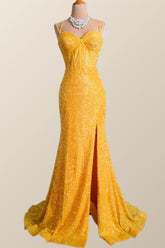 Yellow Sequin Corset Mermaid Long Party Dress