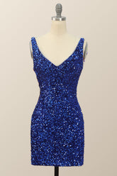 V Neck Royal Blue Sequin Bodycon Mini Dress