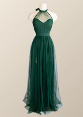 Halter Hunter Green Tulle Long Formal Dress