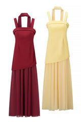 Yellow Straps A-line Maxi Dress with Scarf
