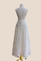 White Lace Cowl Neck A-line Long Dress