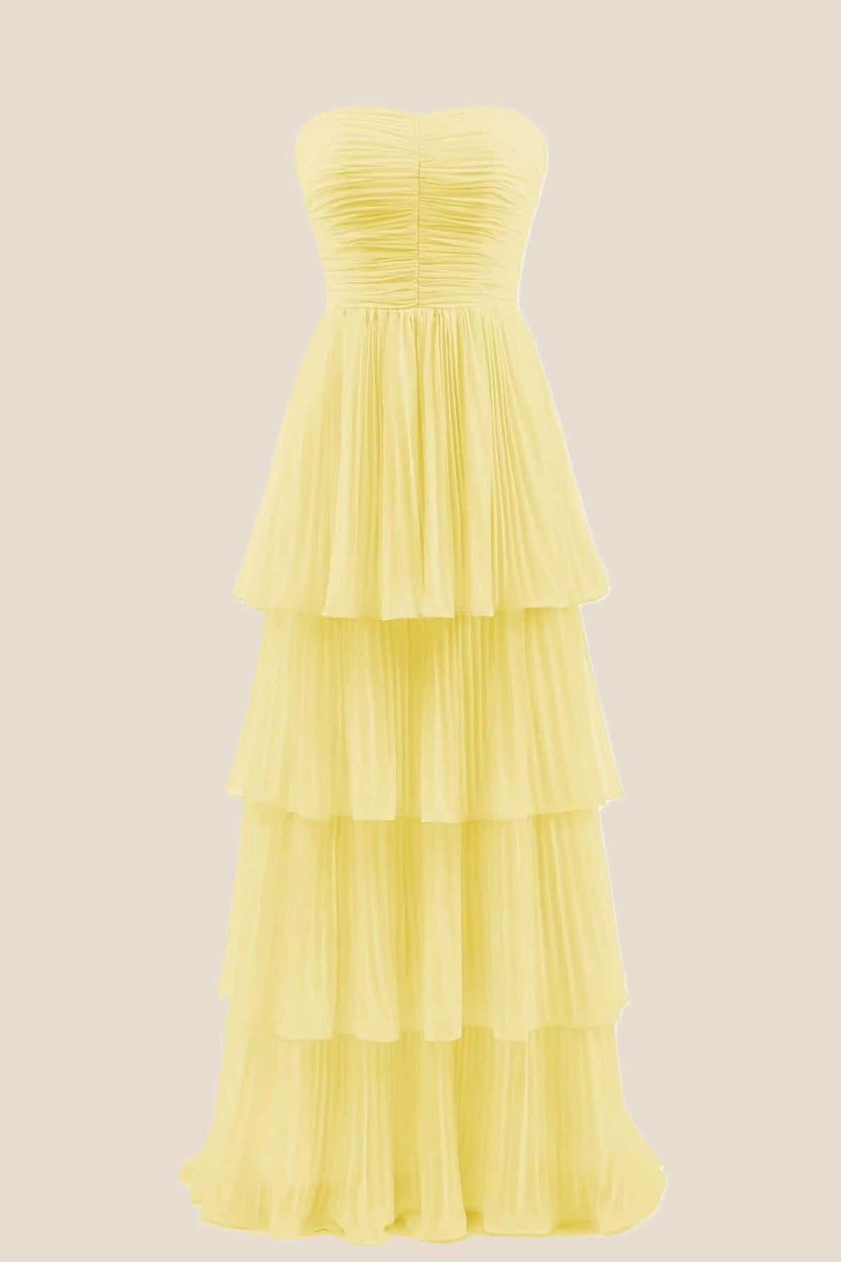 Yellow Chiffon Pleated A-line Tiered Maxi Dress