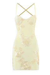 Yellow Floral Appliques Tight Short Dress