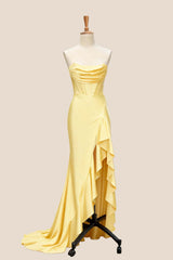 Yellow Satin Cowl Neck Frill Slit Long Dress