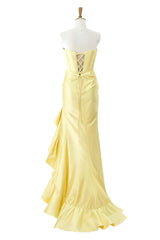 Yellow Satin Cowl Neck Frill Slit Long Dress