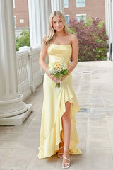Yellow Satin Cowl Neck Frill Slit Long Dress